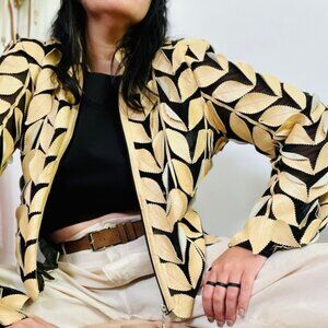 Stillman Studios VINTAGE Women's Black & Tan Leather Leaf & Mesh Jacket, Size 1X